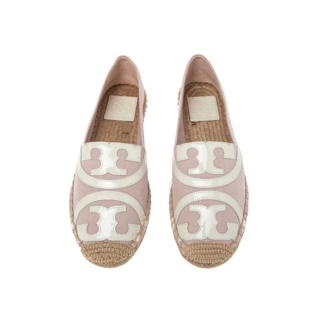 Tory Burch Ines Espadrille Flats Pink Canvas Patent Logo Shoes 9M 5595 K18